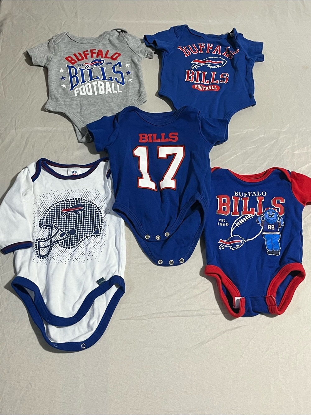 NFL Buffalo Bills Baby Bodysuit Bundle - Blue, Red, White, Gray Size 0-3 Months